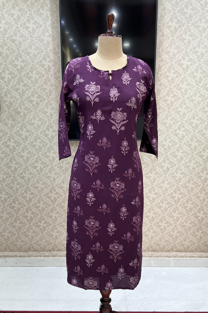 Wine Embroidery with Floral Print Calf Length Kurti