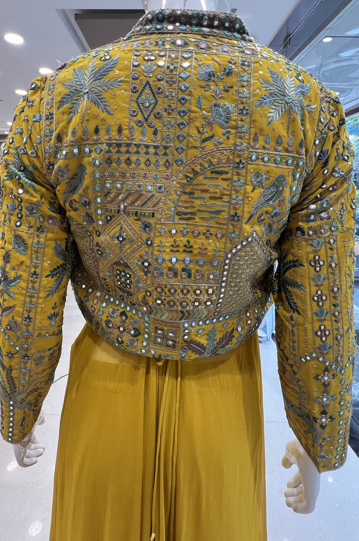 Yellow Multicolor Embroidery and Sequins work Long Top with Jacket Styled Palazzo Set