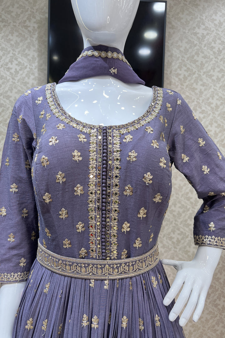 Lilac Sequins, Mirror, Stone and Zari work Floor Length Anarkali Suit