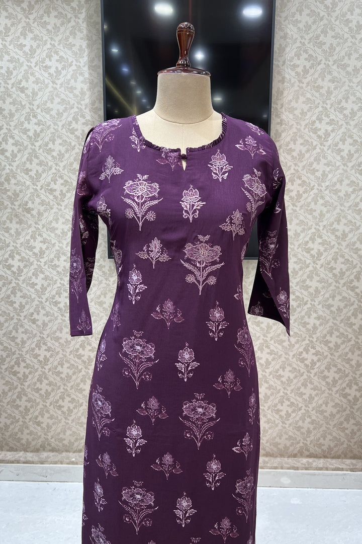 Wine Embroidery with Floral Print Calf Length Kurti