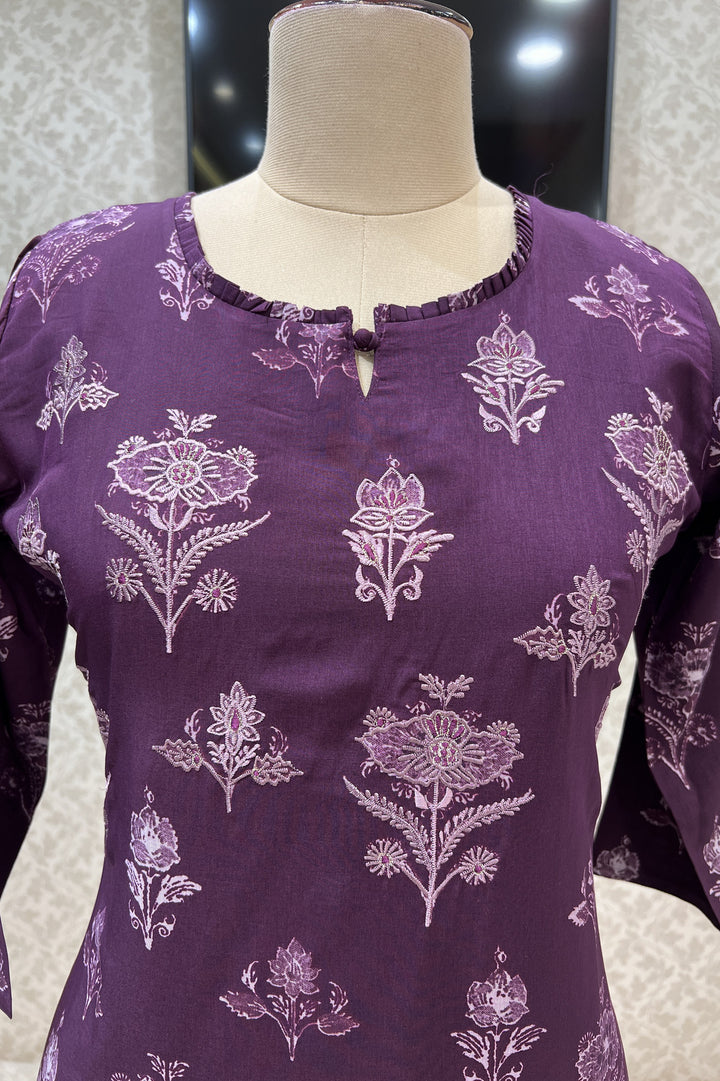 Wine Embroidery with Floral Print Calf Length Kurti