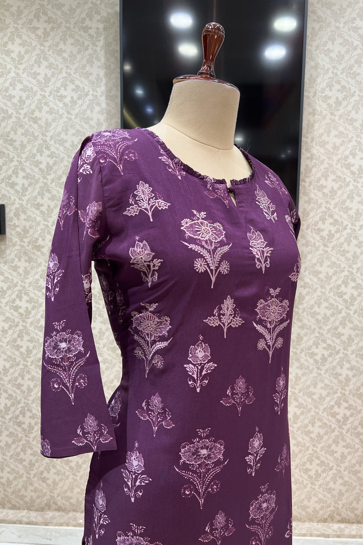 Wine Embroidery with Floral Print Calf Length Kurti