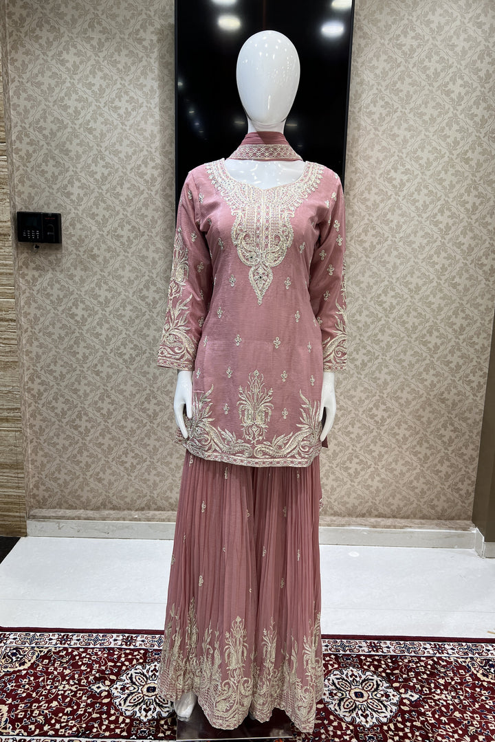 Onion Pink Zari, Thread, Sequins, Stone and Mirror work Palazzo Salwar Suit