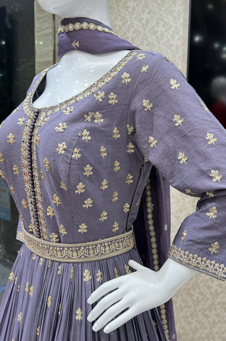 Lilac Sequins, Mirror, Stone and Zari work Floor Length Anarkali Suit