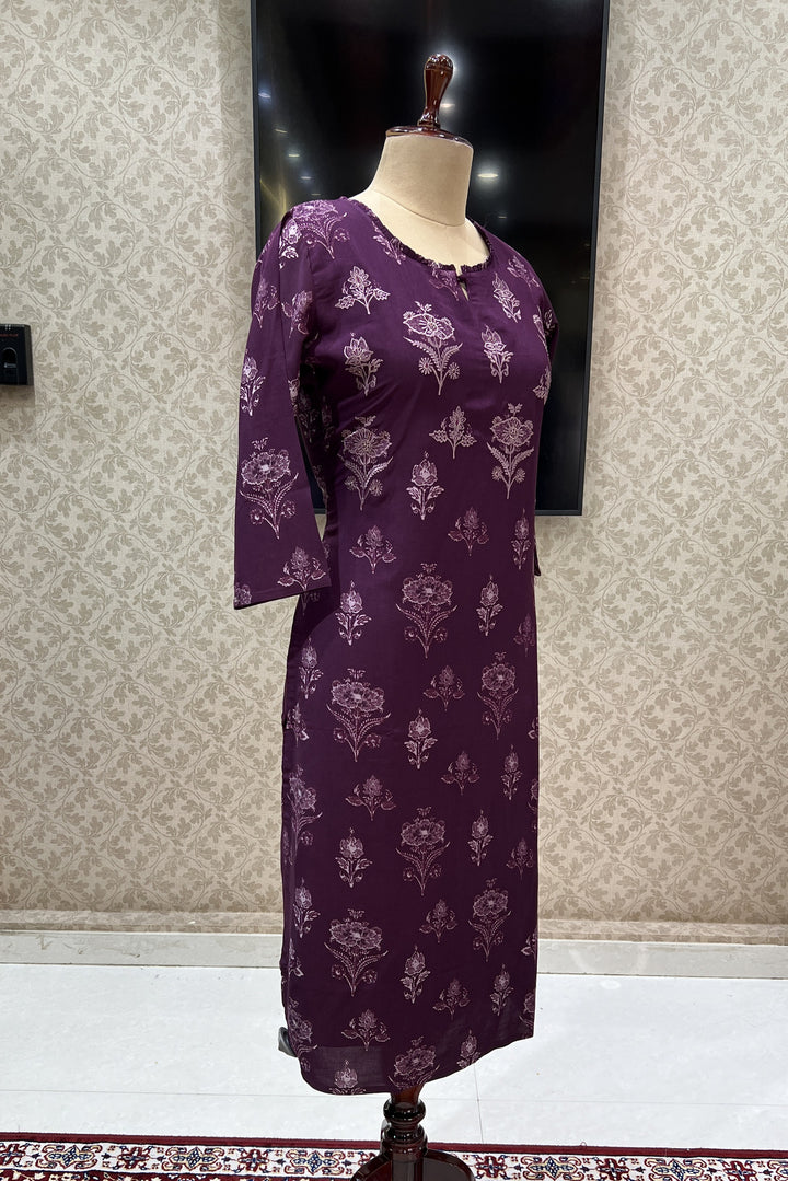 Wine Embroidery with Floral Print Calf Length Kurti