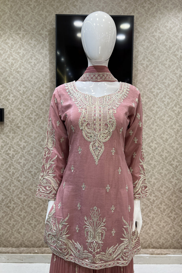 Onion Pink Zari, Thread, Sequins, Stone and Mirror work Palazzo Salwar Suit