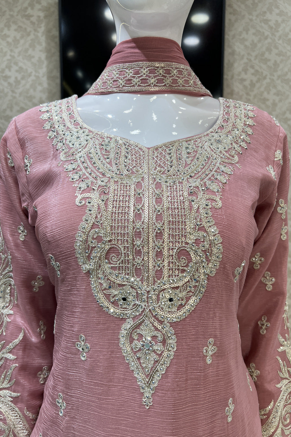 Onion Pink Zari, Thread, Sequins, Stone and Mirror work Palazzo Salwar Suit