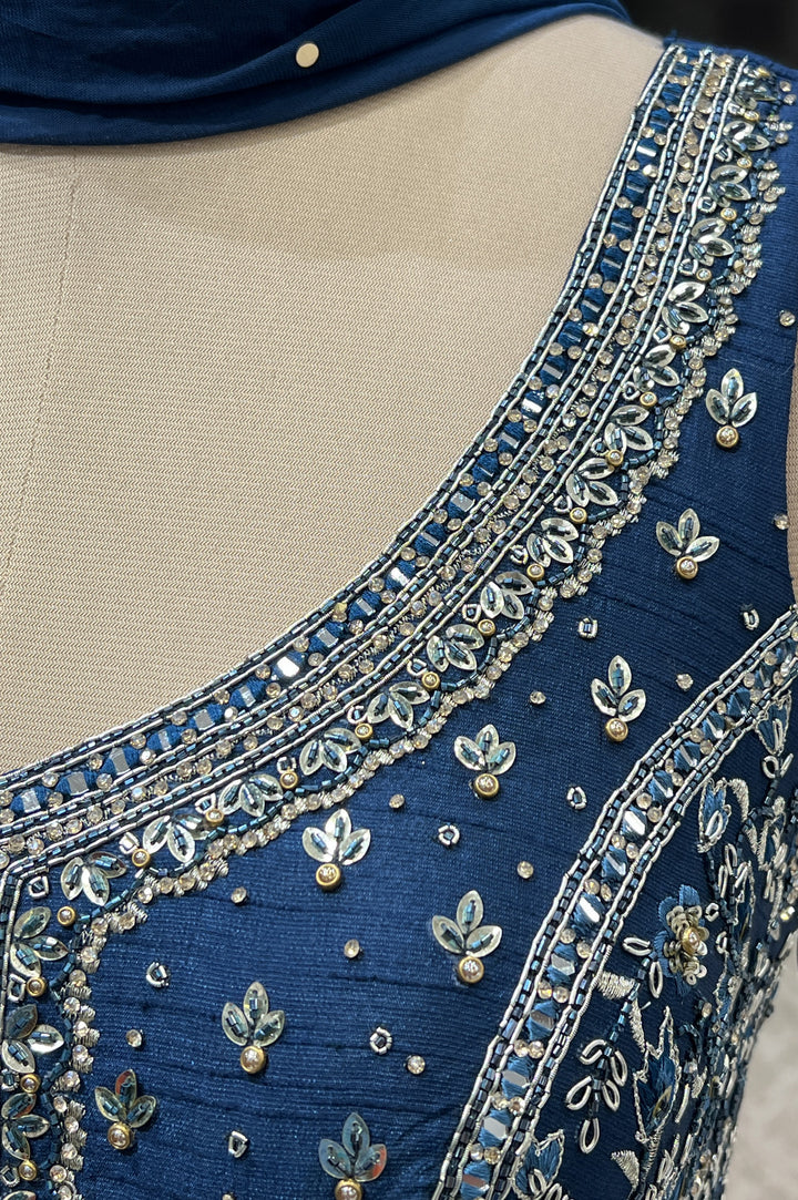 Peacock Blue Mirror, Zardozi, Stone, Thread and Beads work Floor Length Anarkali Suit