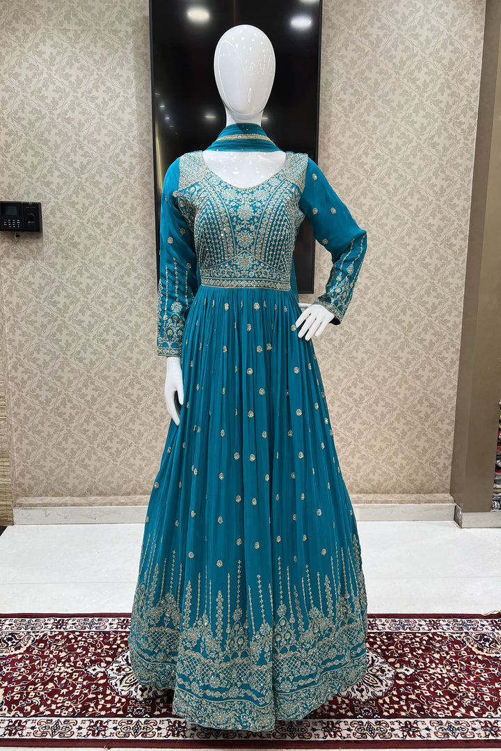 Rama Blue Stone, Thread and Zari work Floor Length Anarkali Suit