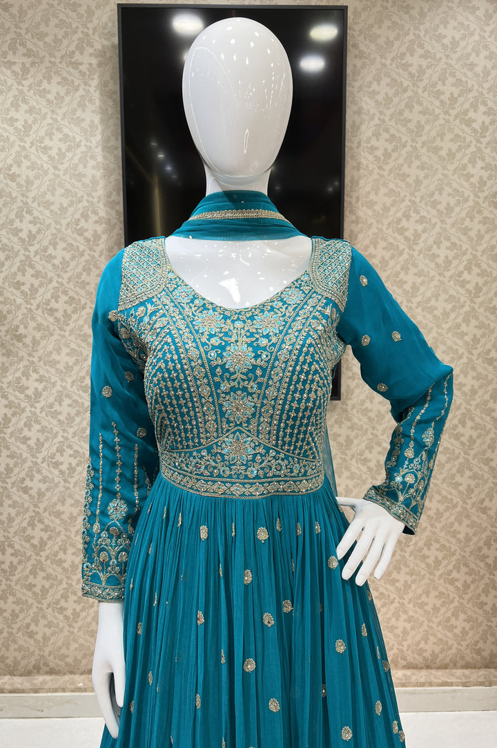 Rama Blue Stone, Thread and Zari work Floor Length Anarkali Suit