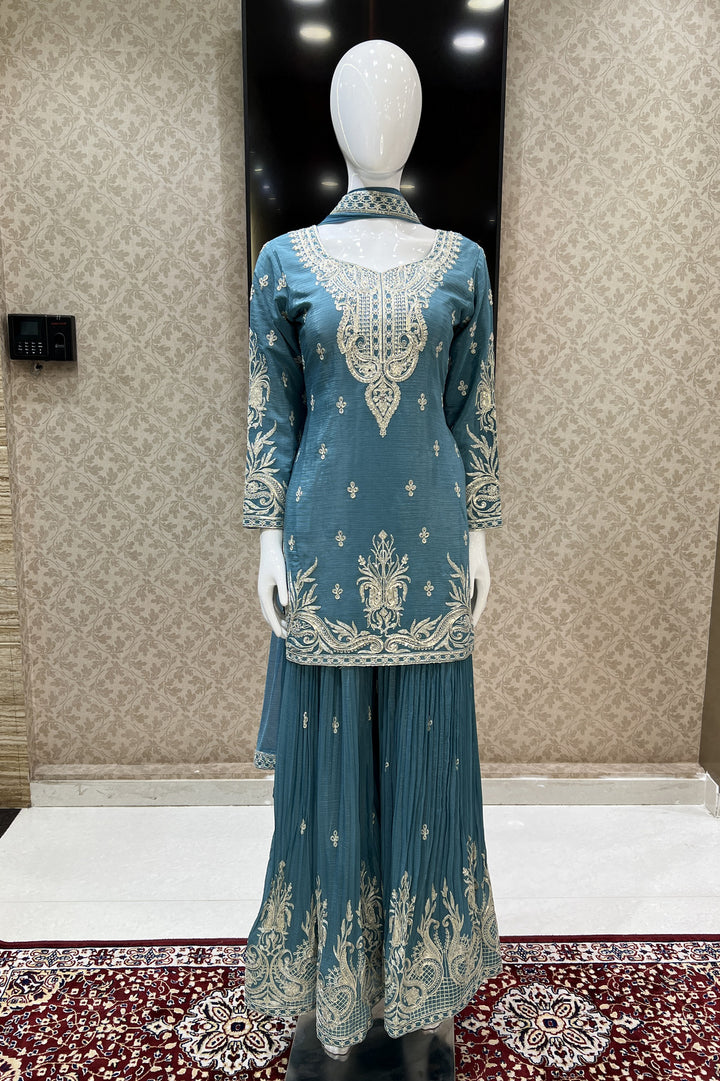 Sea Blue Zari, Thread, Sequins, Stone and Mirror work Palazzo Salwar Suit