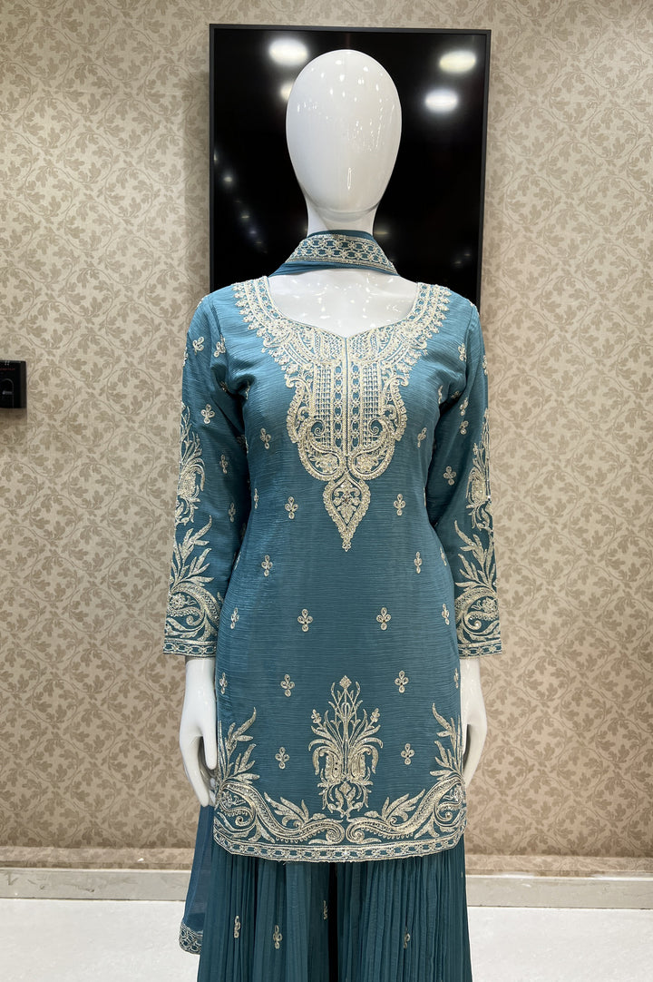 Sea Blue Zari, Thread, Sequins, Stone and Mirror work Palazzo Salwar Suit