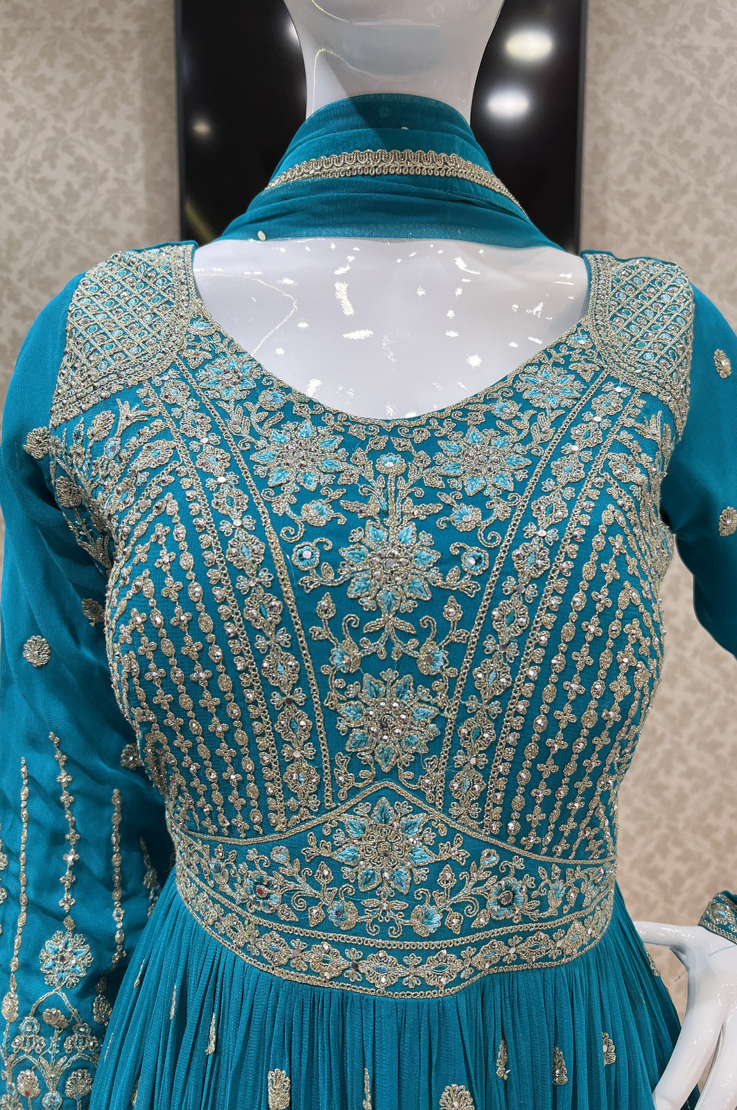 Rama Blue Stone, Thread and Zari work Floor Length Anarkali Suit