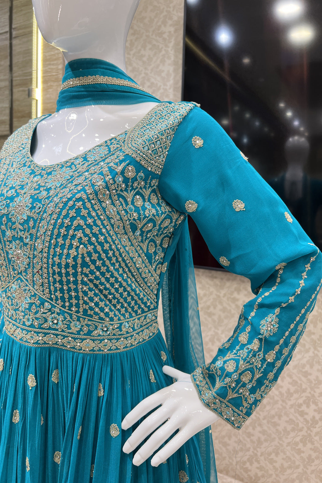 Rama Blue Stone, Thread and Zari work Floor Length Anarkali Suit