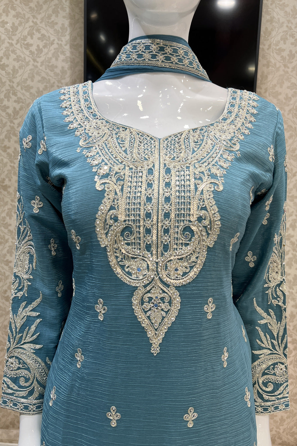 Sea Blue Zari, Thread, Sequins, Stone and Mirror work Palazzo Salwar Suit