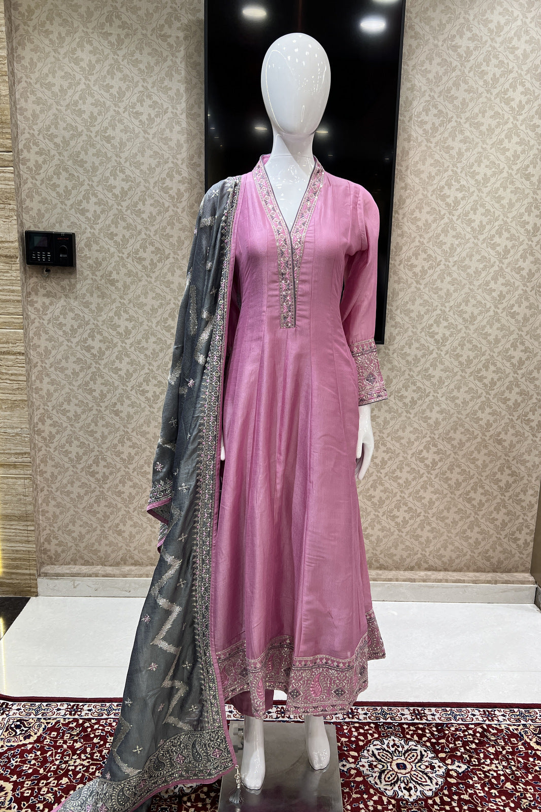 Pink Sequins, Thread and Zari work Anarkali Style Salwar Suit