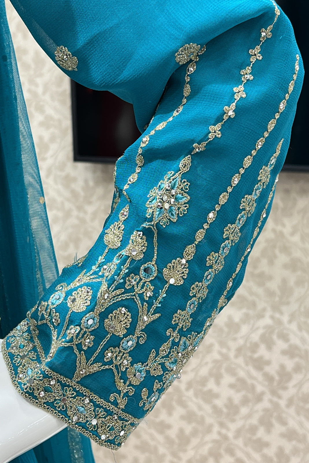 Rama Blue Stone, Thread and Zari work Floor Length Anarkali Suit