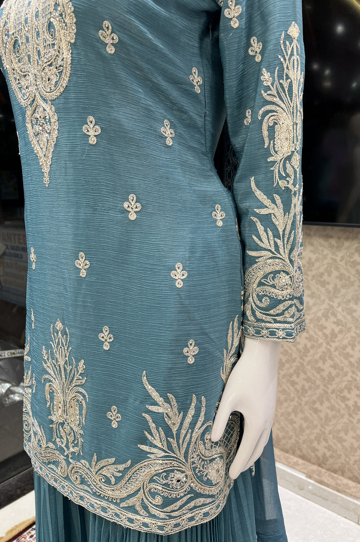 Sea Blue Zari, Thread, Sequins, Stone and Mirror work Palazzo Salwar Suit