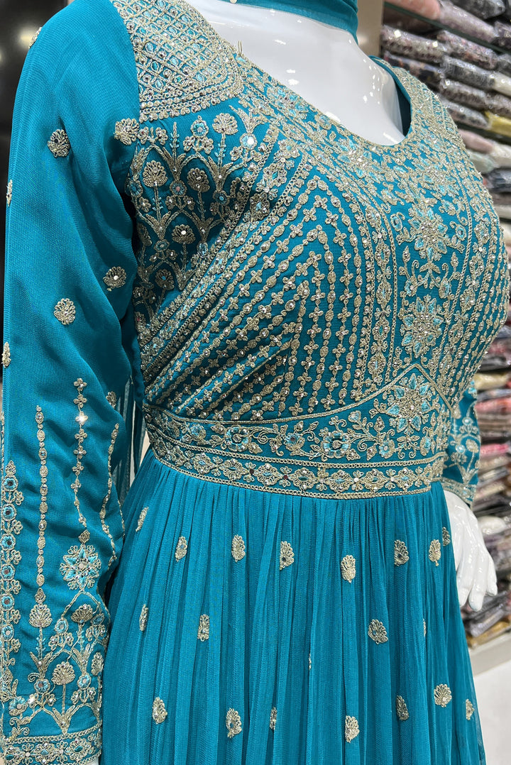 Rama Blue Stone, Thread and Zari work Floor Length Anarkali Suit