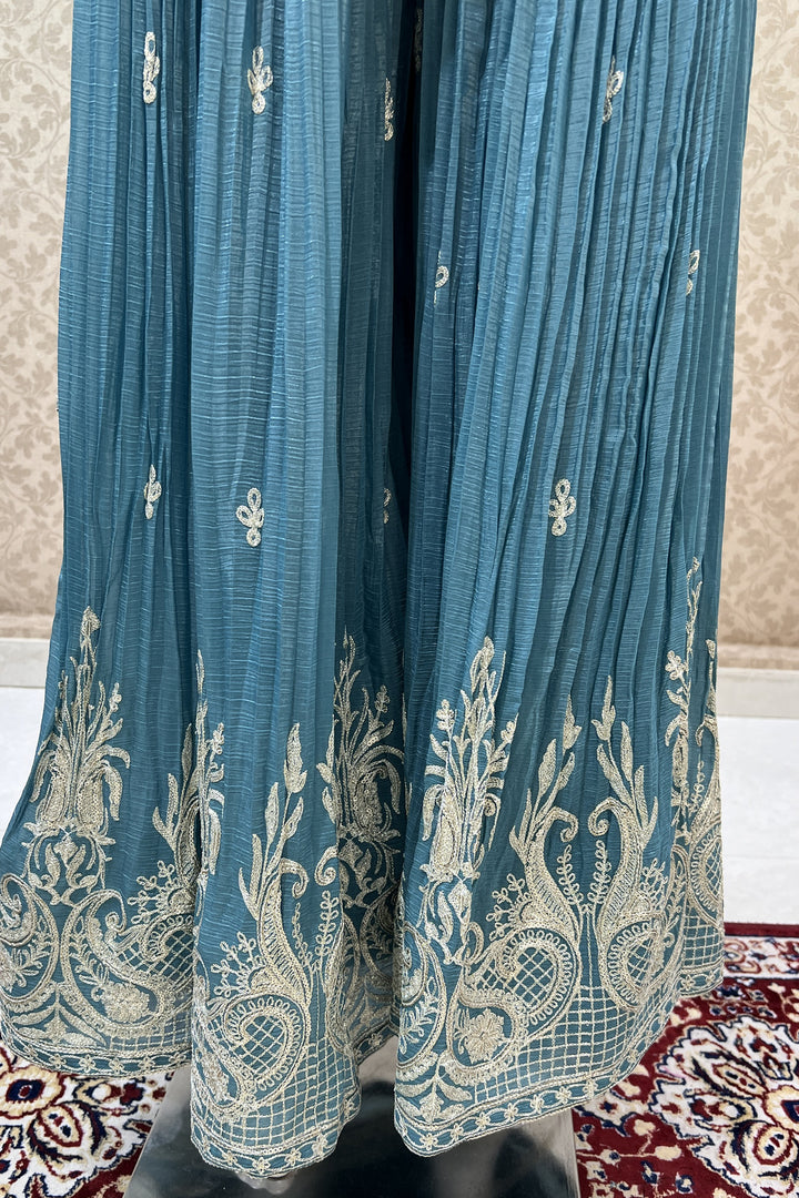 Sea Blue Zari, Thread, Sequins, Stone and Mirror work Palazzo Salwar Suit