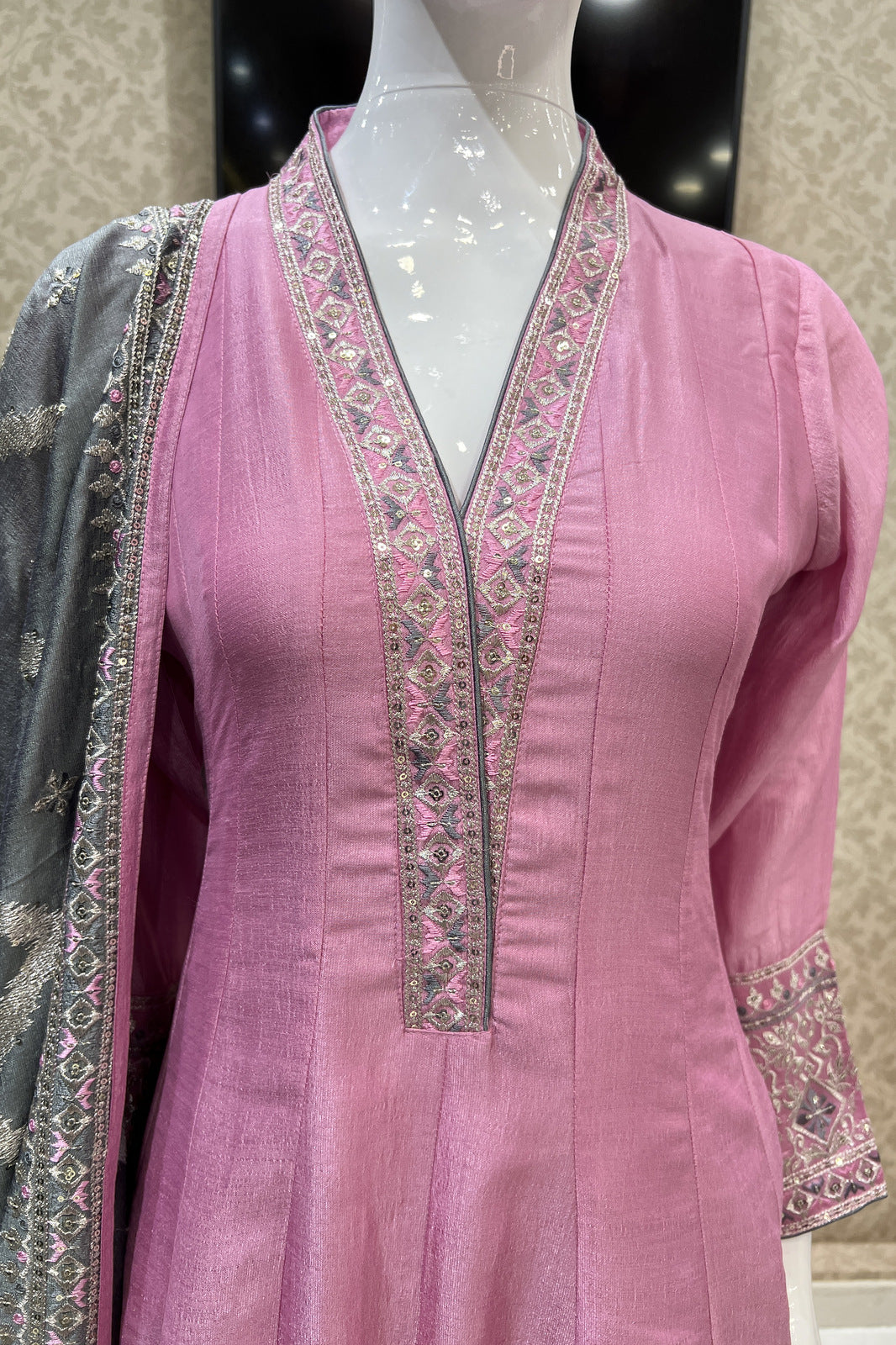 Pink Sequins, Thread and Zari work Anarkali Style Salwar Suit