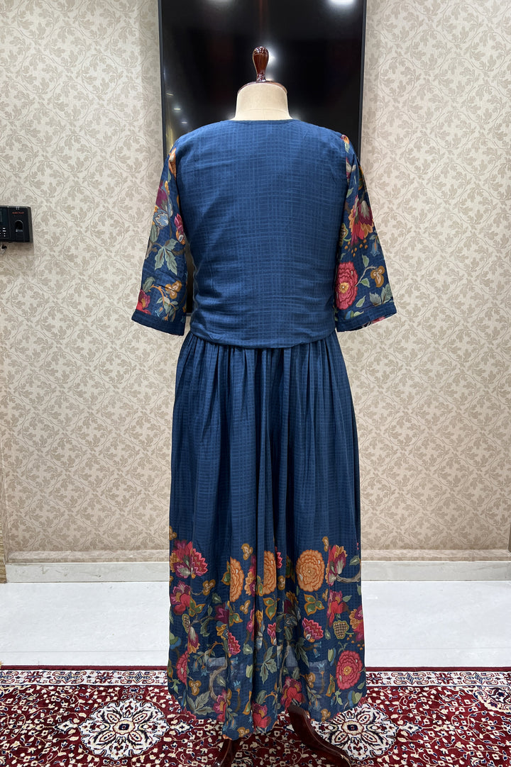 Indigo Blue Zari and Thread work with Floral Print Jacket Styled Long Kurti