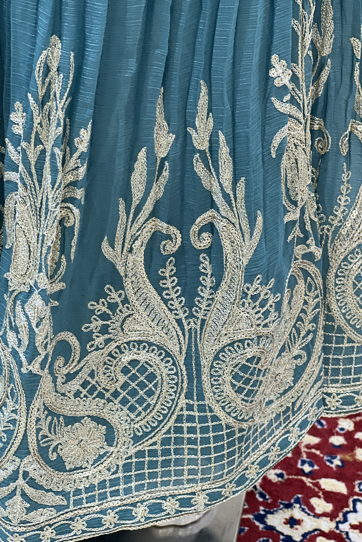 Sea Blue Zari, Thread, Sequins, Stone and Mirror work Palazzo Salwar Suit