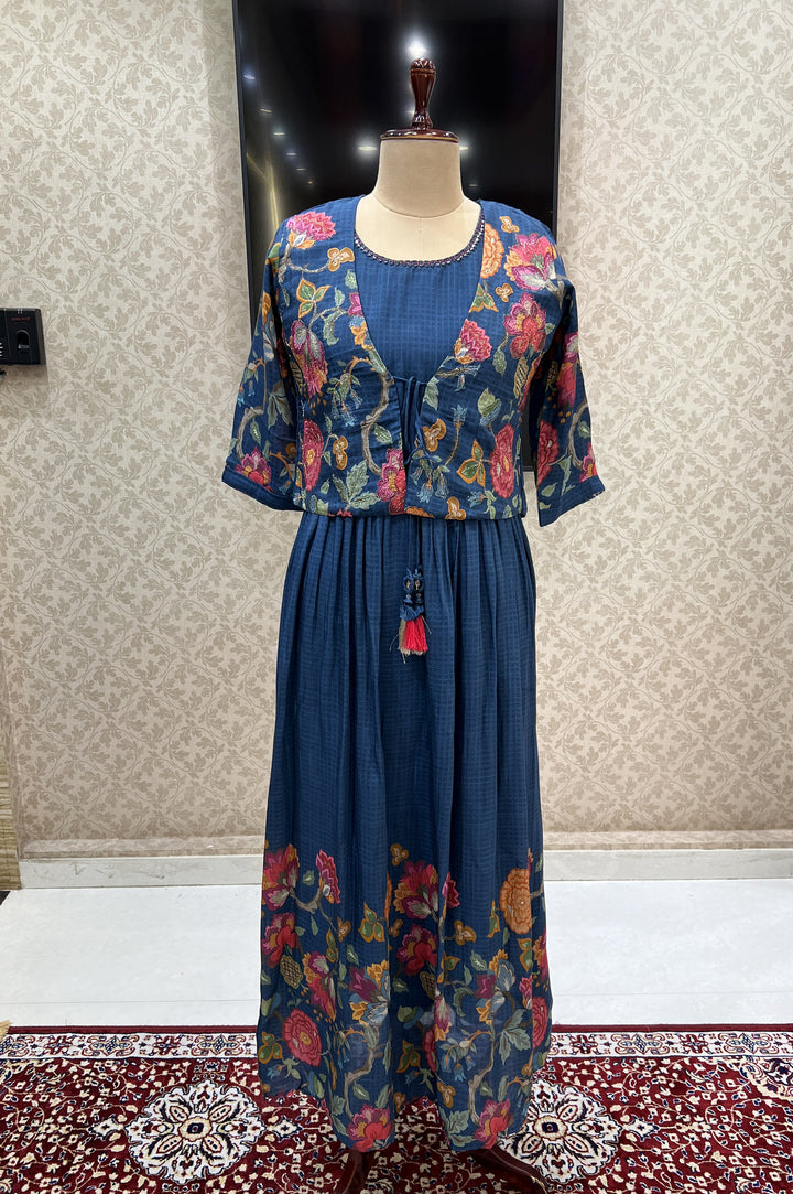 Indigo Blue Zari and Thread work with Floral Print Jacket Styled Long Kurti