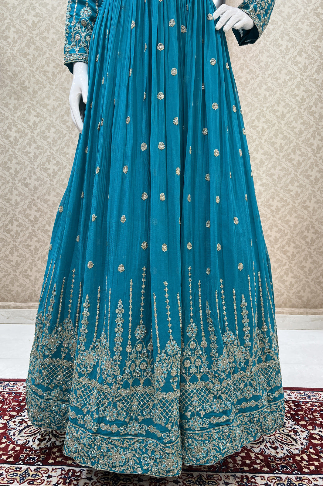 Rama Blue Stone, Thread and Zari work Floor Length Anarkali Suit