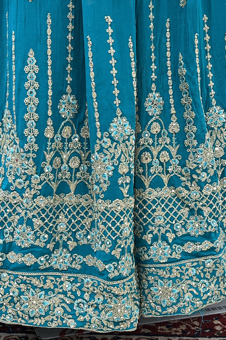 Rama Blue Stone, Thread and Zari work Floor Length Anarkali Suit