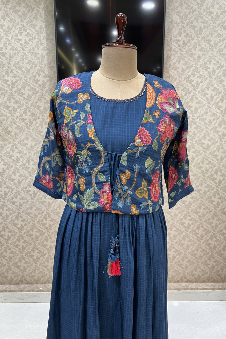 Indigo Blue Zari and Thread work with Floral Print Jacket Styled Long Kurti