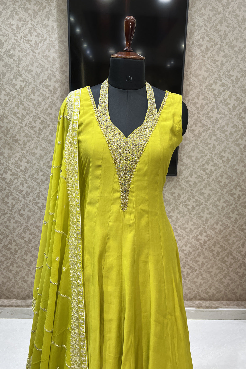 Liril Green Mirror, Zardozi and Thread work Floor Length Anarkali Suit