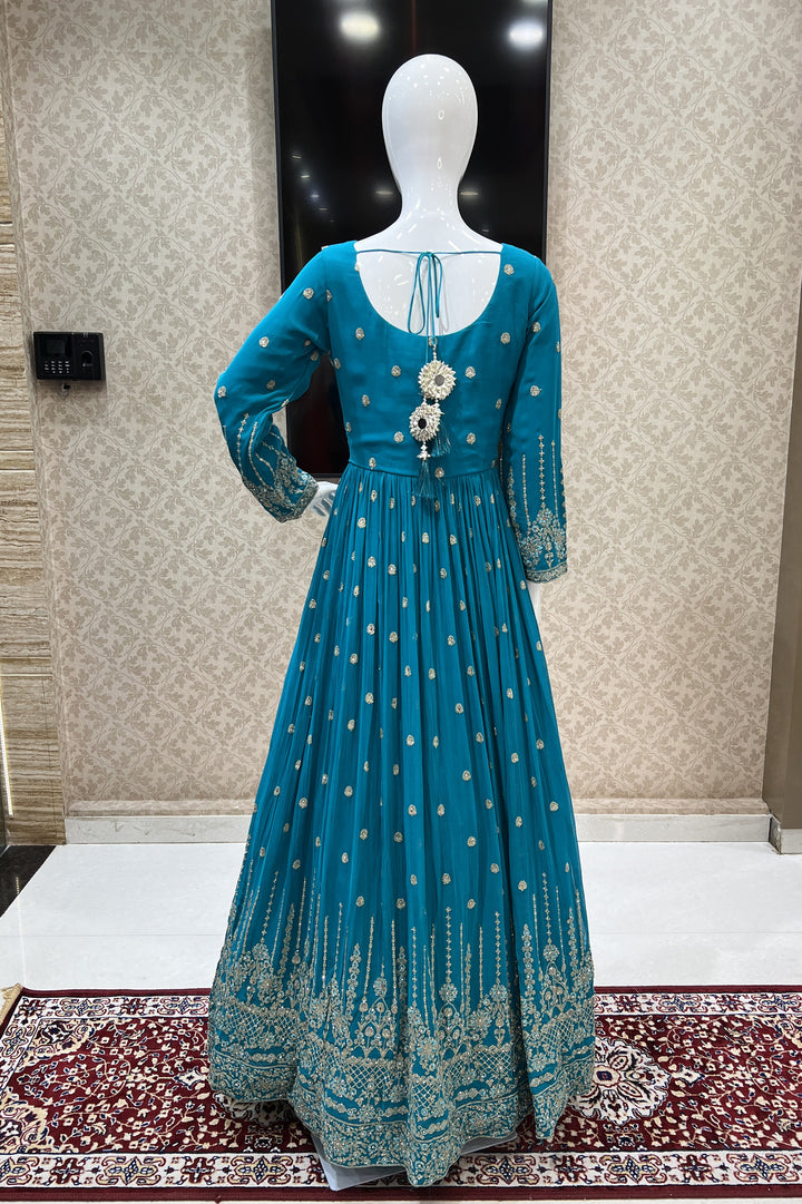 Rama Blue Stone, Thread and Zari work Floor Length Anarkali Suit