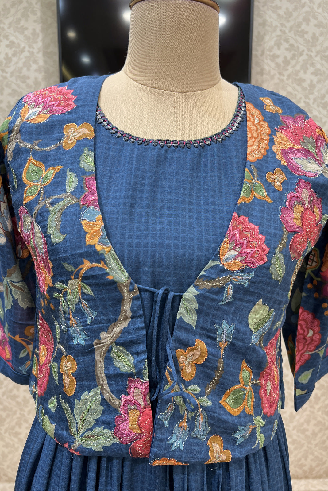 Indigo Blue Zari and Thread work with Floral Print Jacket Styled Long Kurti