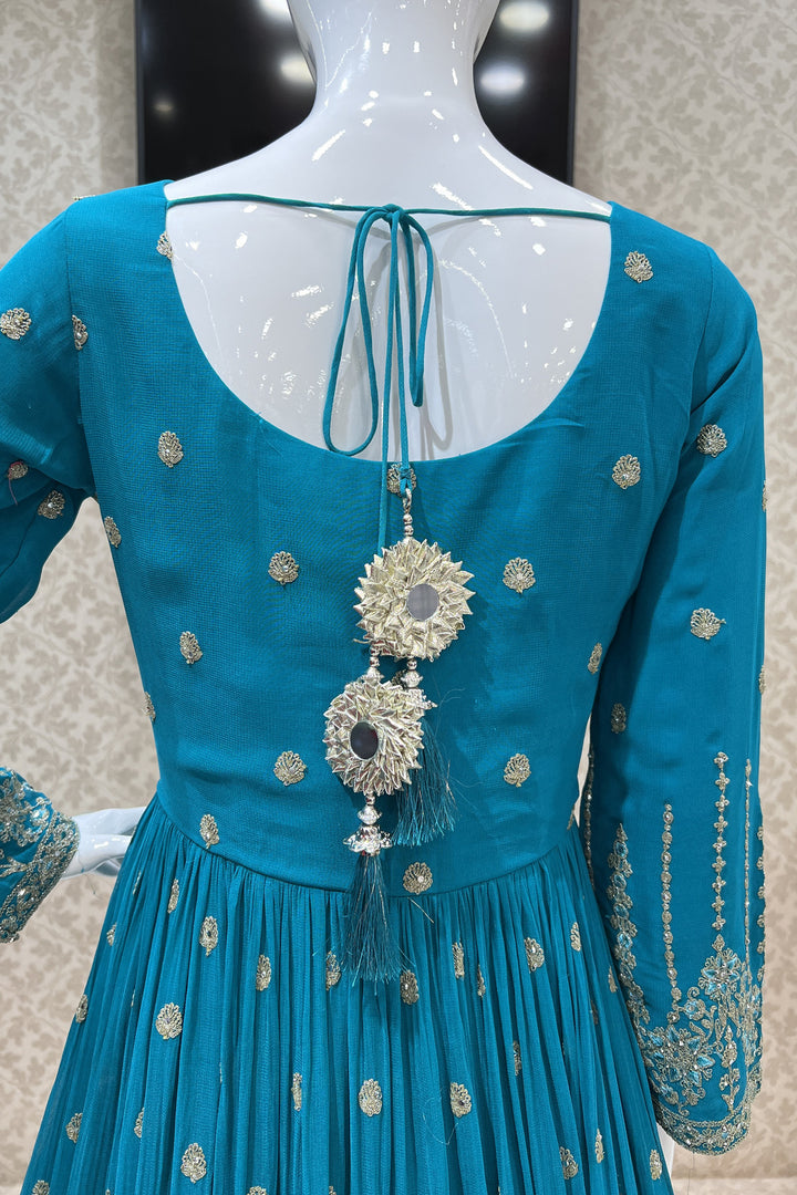 Rama Blue Stone, Thread and Zari work Floor Length Anarkali Suit