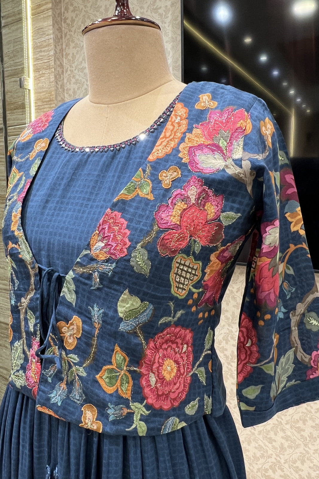 Indigo Blue Zari and Thread work with Floral Print Jacket Styled Long Kurti