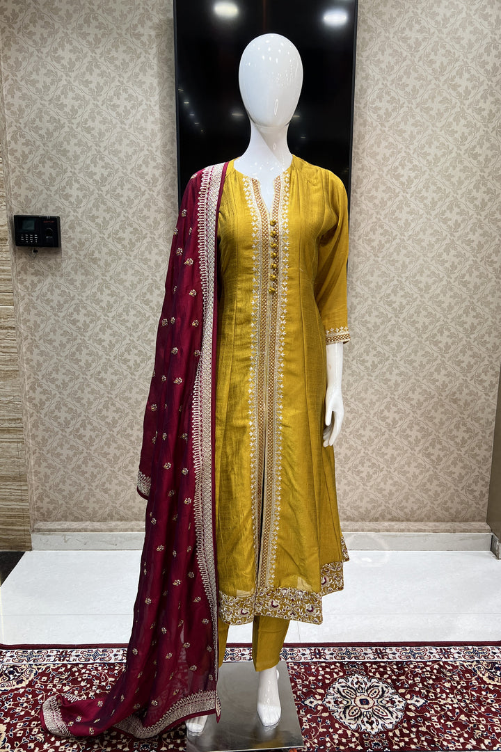 Mustard Zari Thread and Sequins work Anarkali Style Salwar Suit