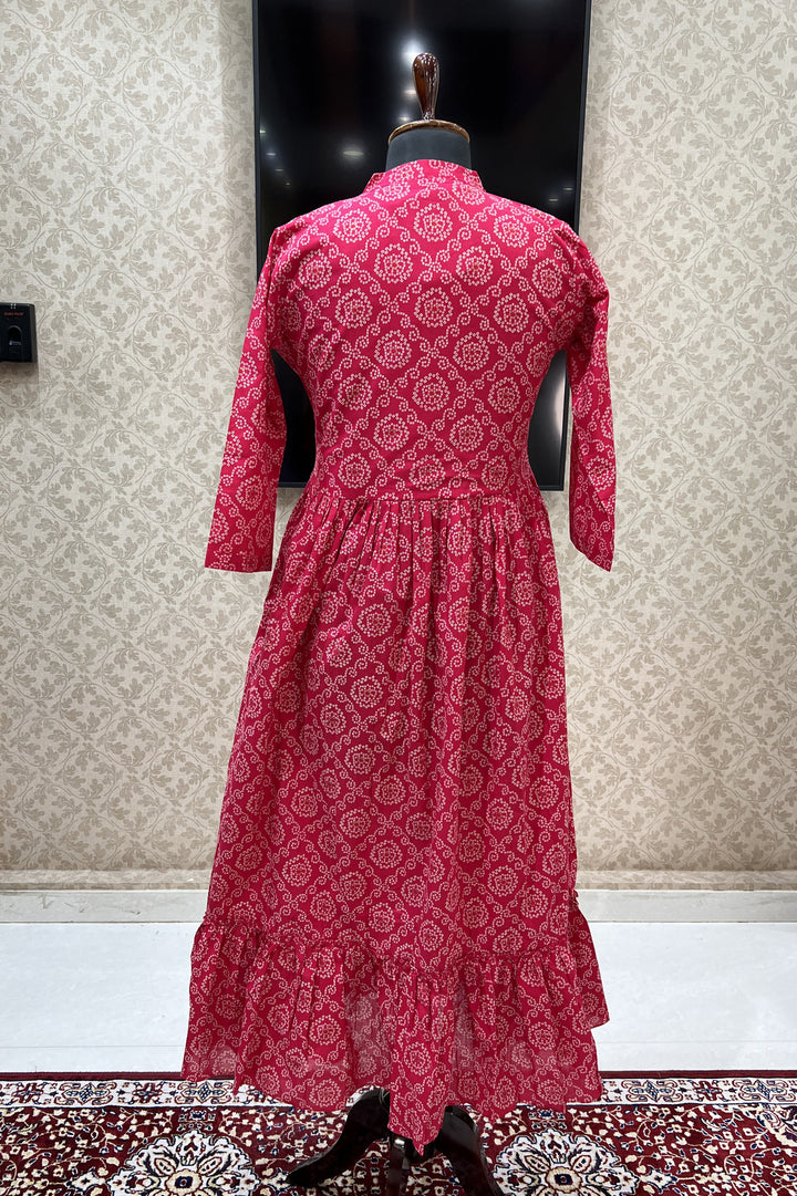 Rani Pink Bandini Print Anarkali Styled Long Kurti