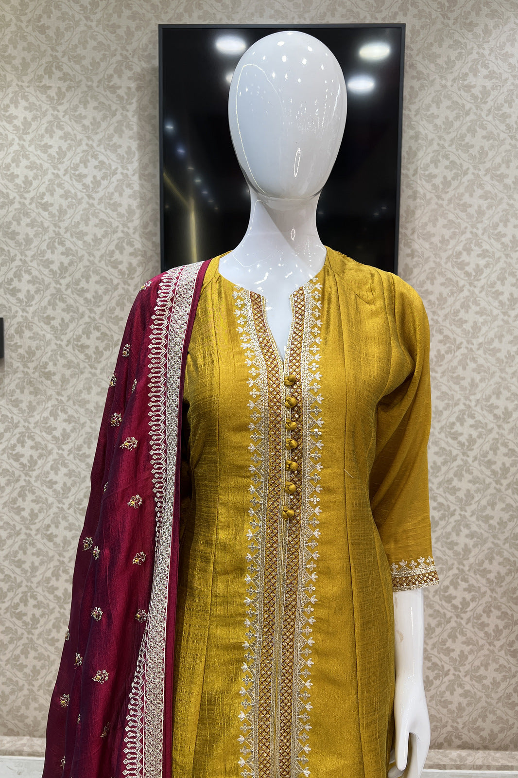 Mustard Zari Thread and Sequins work Anarkali Style Salwar Suit