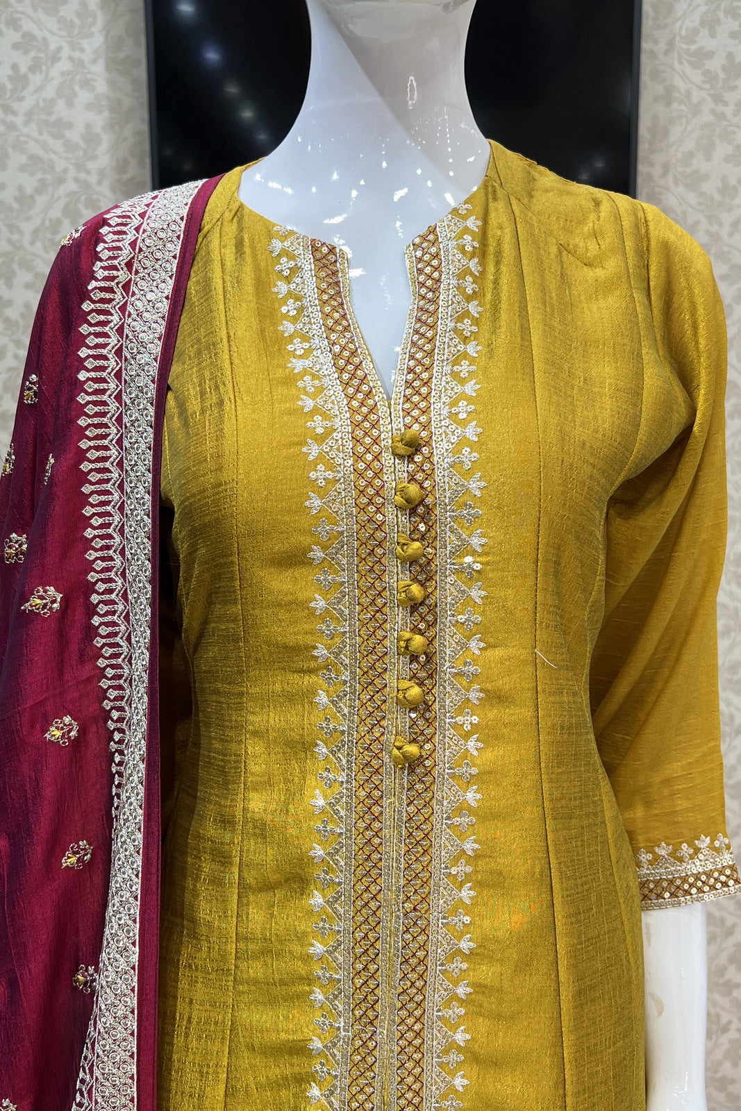 Mustard Zari Thread and Sequins work Anarkali Style Salwar Suit