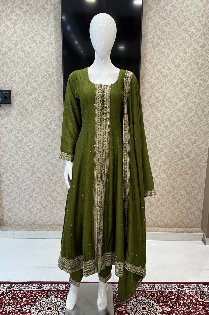 Mehendi Green Zari and Sequins work Anarkali Style Salwar Suit