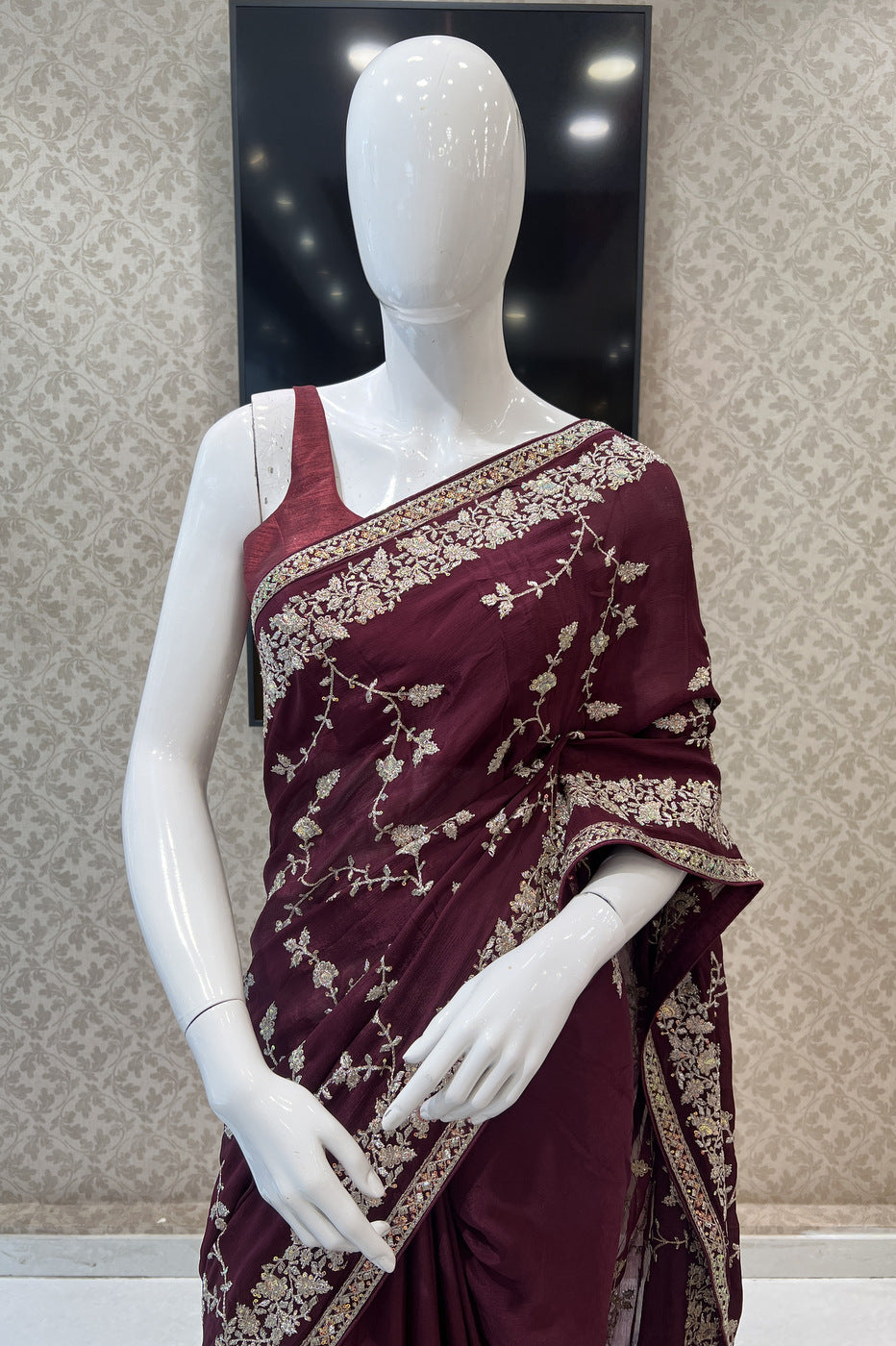 Wine Sequins and Zari work Saree