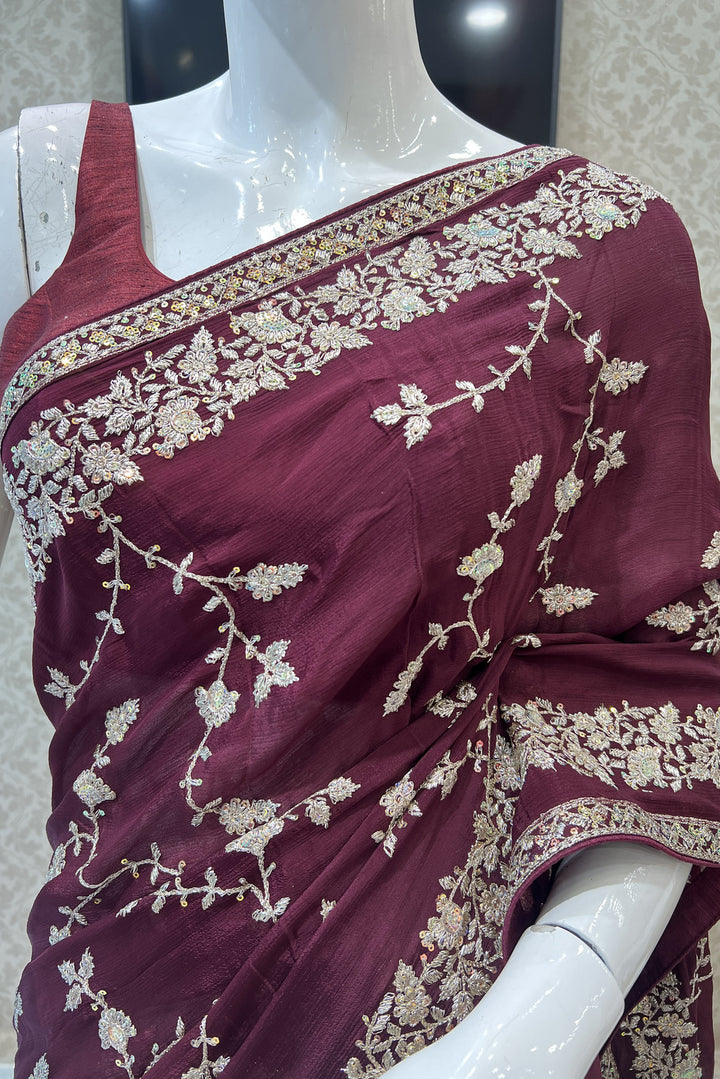 Wine Sequins and Zari work Saree