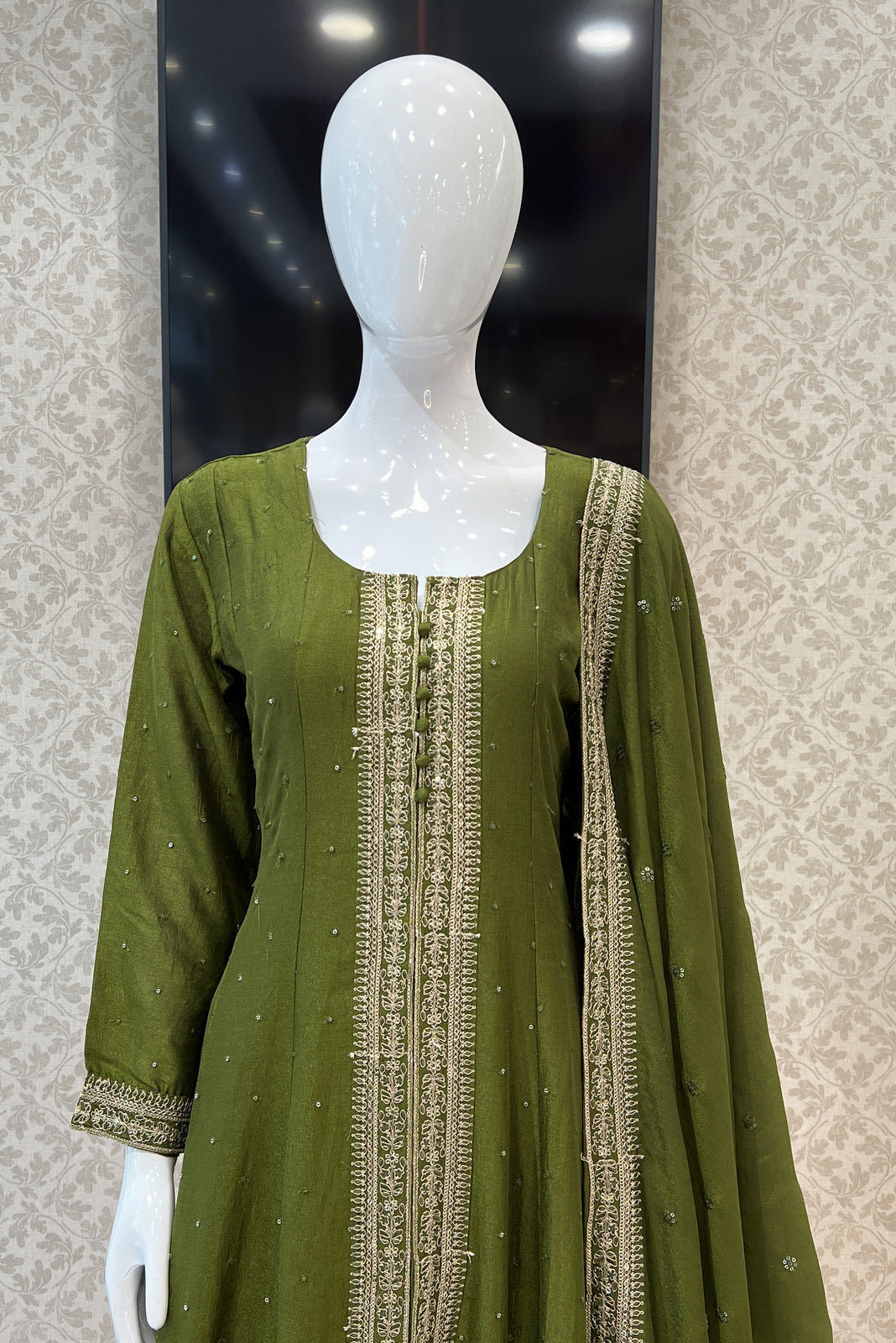 Mehendi Green Zari and Sequins work Anarkali Style Salwar Suit