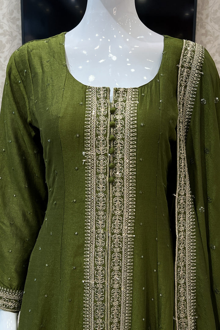 Mehendi Green Zari and Sequins work Anarkali Style Salwar Suit