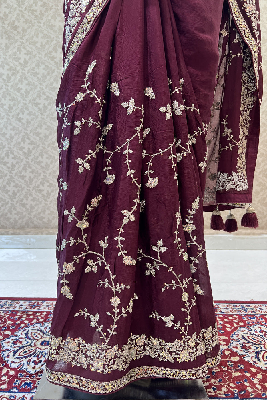 Wine Sequins and Zari work Saree