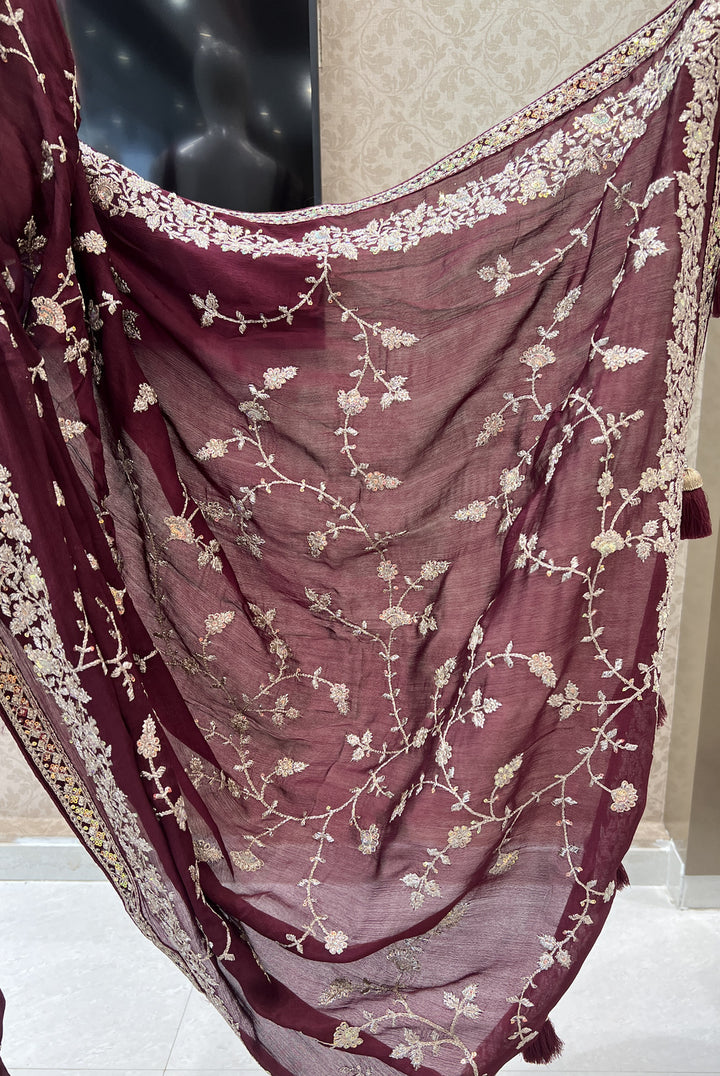 Wine Sequins and Zari work Saree