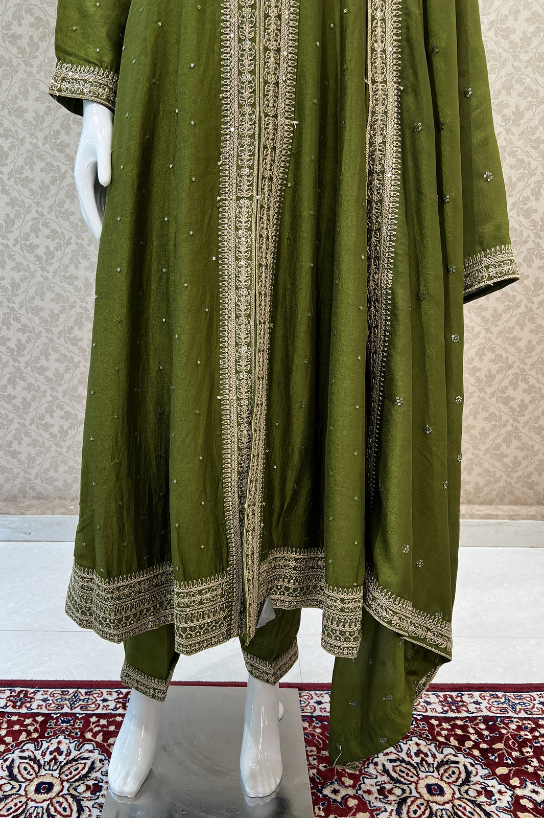 Mehendi Green Zari and Sequins work Anarkali Style Salwar Suit