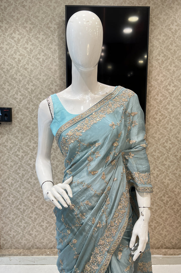 Aqua Blue Sequins and Zari work Saree