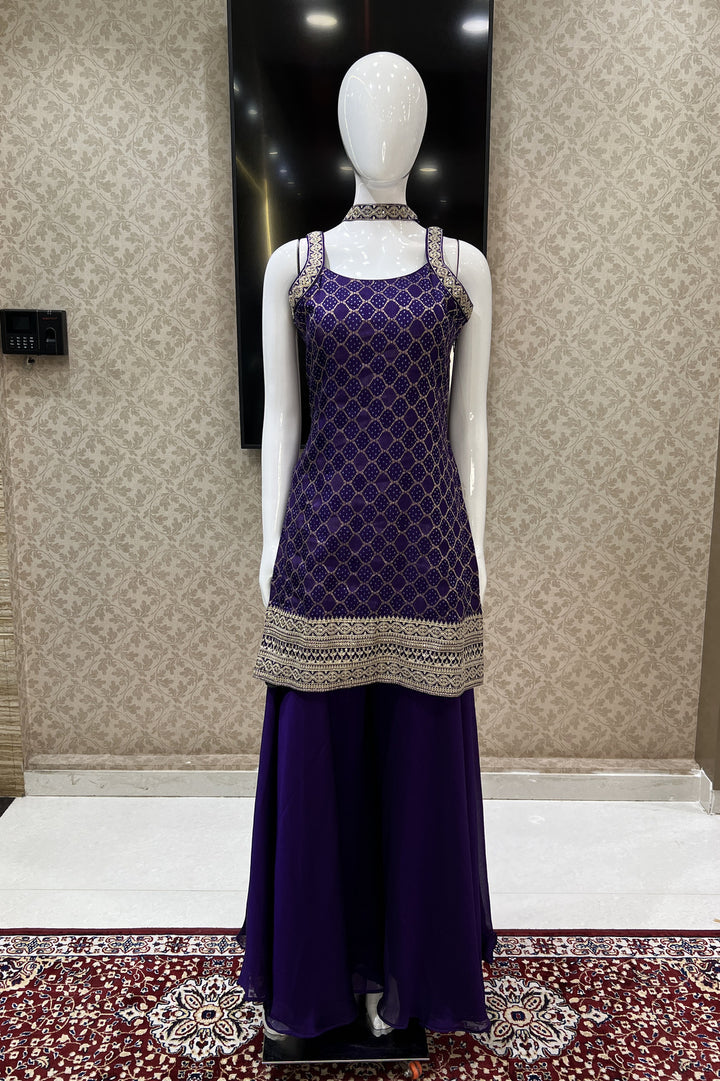 Purple Banaras, Zari and Sequins work Palazzo Salwar Suit